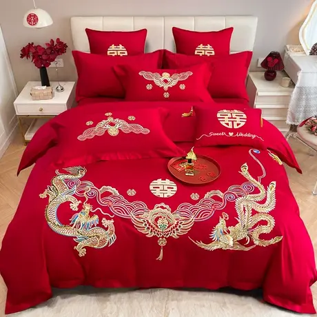 恒源祥中式婚庆结婚四件套新婚全棉100红色刺绣婚礼被套床上用品商品大图