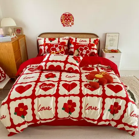 恒源祥婚庆四件套结婚床上用品婚房床单被罩大红色婚礼被套新中式图片