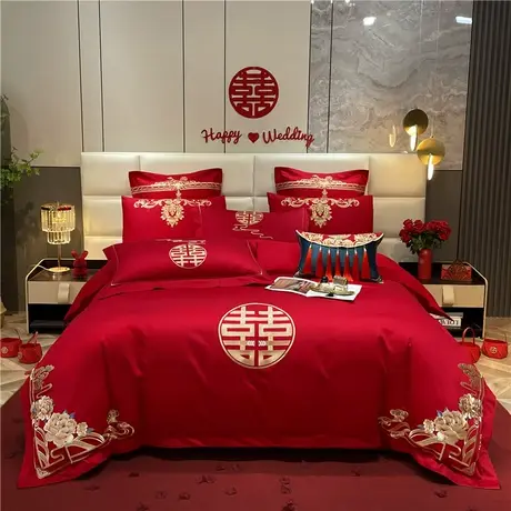 恒源祥结婚四件套全棉刺绣床上用品婚嫁陪嫁被套婚房高端红色套件图片