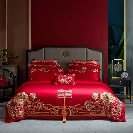 恒源祥婚庆四件套中式刺绣纯棉全棉红色结婚房床上用品床单被套图片